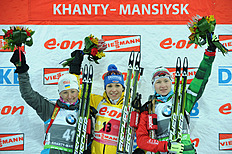 (L-R) Ukraine's Vita Semerenko, Germany's Magdalena Neuner And Belarus's Darya Domracheva ...