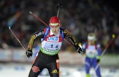 Germany's Kati Wilhelm competes during the fourth and last leg of the women's 4x6 km relay at the Biathlon World Cup in Ostersund, December 6, 2009.