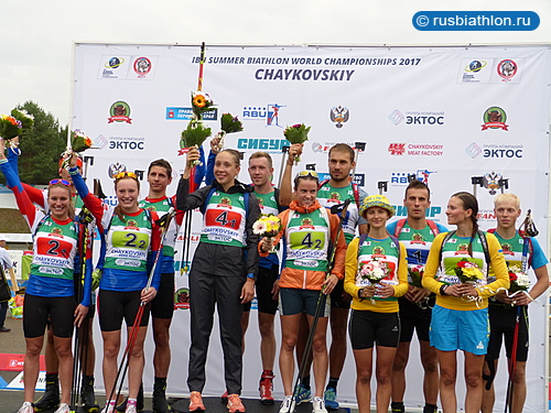 Российская сборная одержала победу в смешанной эстафете на ЧМ-2017 по летнему биатлону в Чайковском
